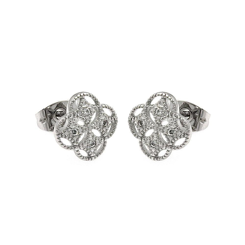 Silver 925 Rhodium Plated Clover CZ Stud Earrings - BGE00250 | Silver Palace Inc.