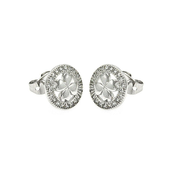 Silver 925 Rhodium Plated Open Circle Clover CZ Stud Earrings - BGE00252 | Silver Palace Inc.