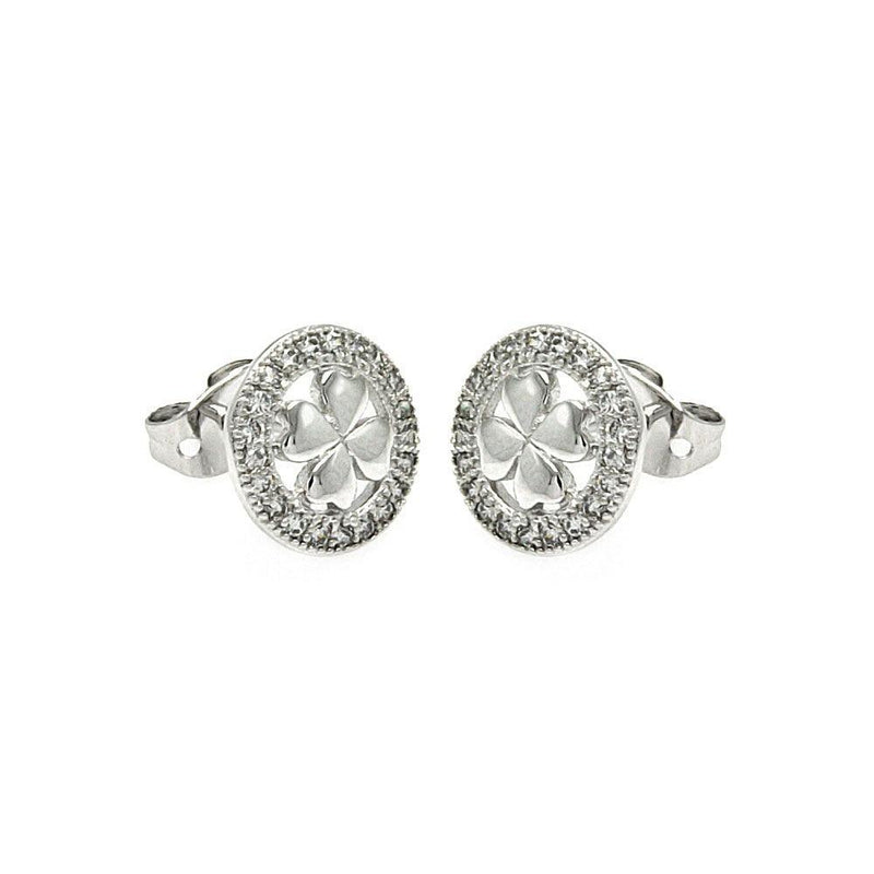 Silver 925 Rhodium Plated Open Circle Clover CZ Stud Earrings - BGE00252 | Silver Palace Inc.