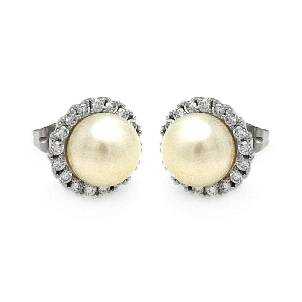 Silver 925 Rhodium Plated Round CZ Center Fresh Water Pearl Stud Earrings - BGE00253 | Silver Palace Inc.