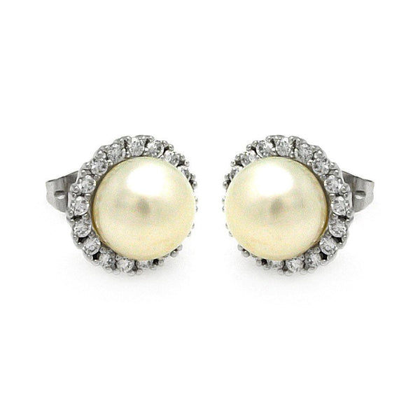 Silver 925 Rhodium Plated Round CZ Center Fresh Water Pearl Stud Earrings - BGE00253 | Silver Palace Inc.
