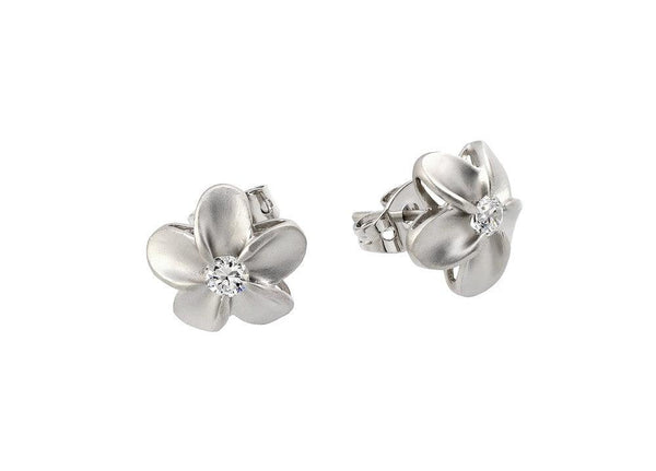 Silver 925 Rhodium Plated Flower Round CZ Stud Earrings - BGE00278 | Silver Palace Inc.
