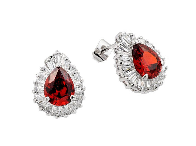 Silver 925 Rhodium Plated Teardrop Red and Clear Pave Baguette CZ Stud Earrings - BGE00335 | Silver Palace Inc.