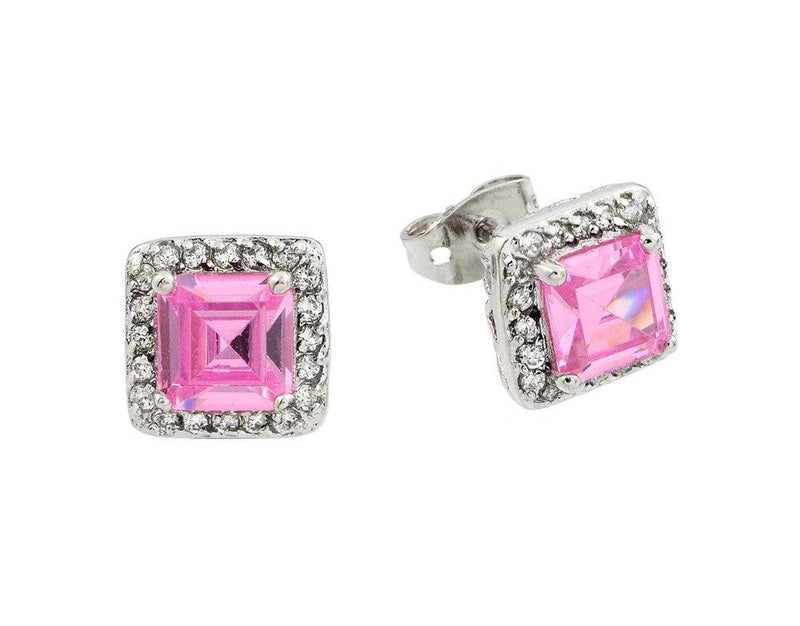 Silver 925 Rhodium Plated Pink Square CZ Stud Earrings - BGE00359PK | Silver Palace Inc.