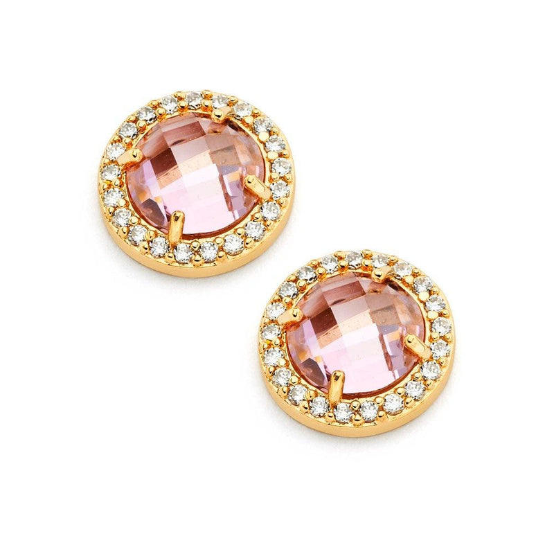 Silver 925 Gold Plated Pink Center Clear Outline CZ Stud Earrings - BGE00360PK | Silver Palace Inc.