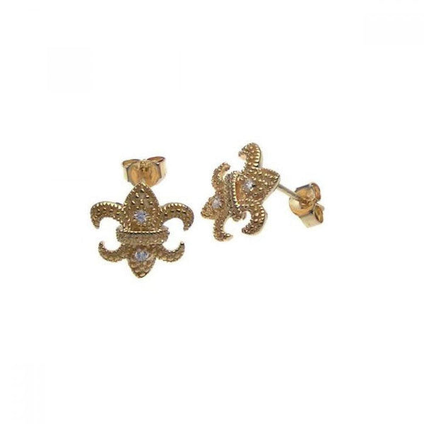 Silver 925 Gold Plated Fleur De Lis CZ Post Earrings - STE00571GP | Silver Palace Inc.
