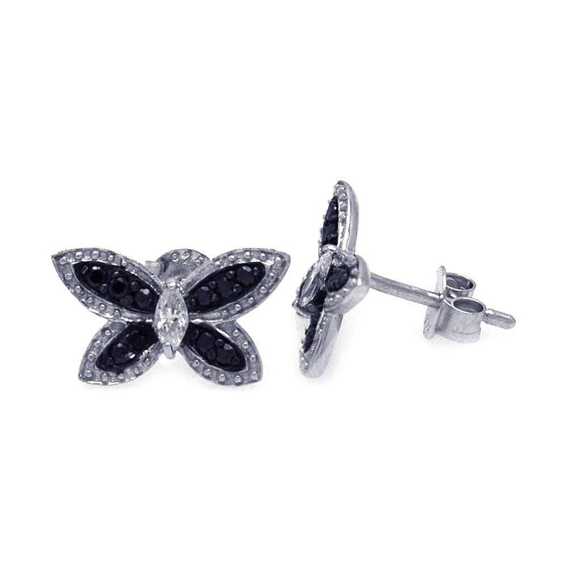 Silver 925 Black and Silver Rhodium Plated Black Butterfly CZ Stud Earrings - STE00697 | Silver Palace Inc.