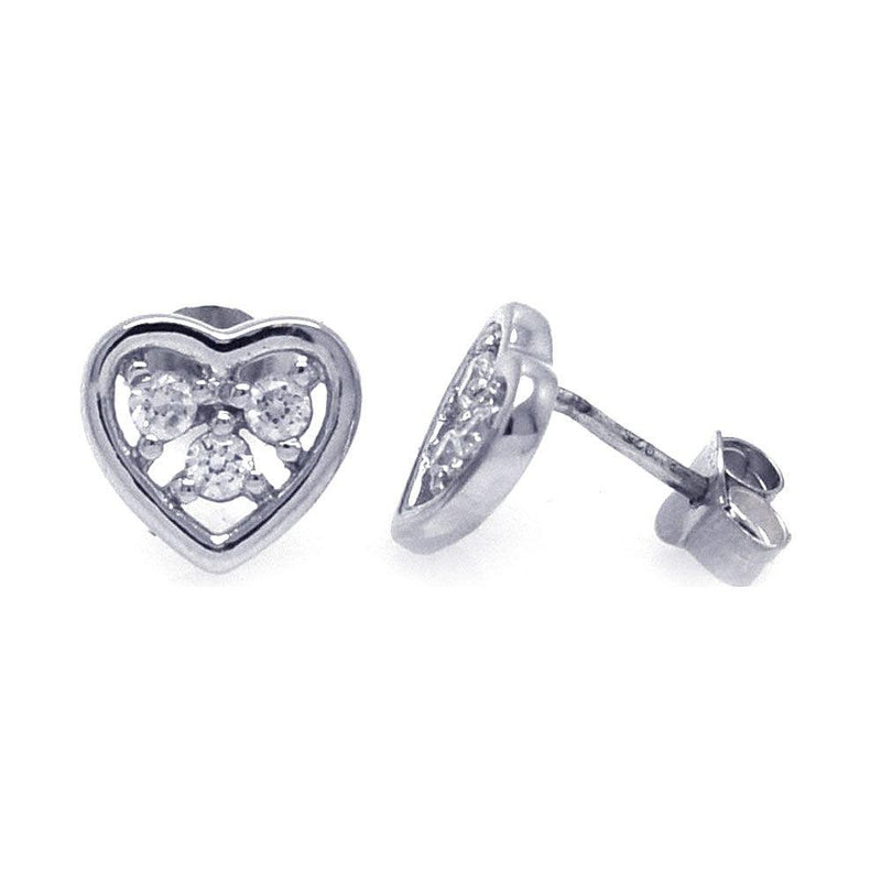 Silver 925 Rhodium Plated Three Clear Round CZ Heart Post Earrings - STE00700 | Silver Palace Inc.