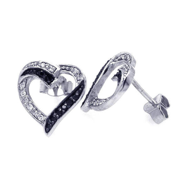 Silver 925 Black and Silver Rhodium Plated Round Clear CZ Heart Post Earrings - STE00701 | Silver Palace Inc.