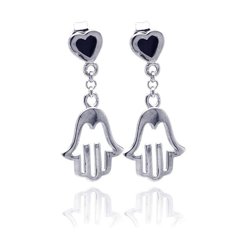 Silver 925 Rhodium Plated Black Heart CZ Open Hand Wire Dangling Earrings - STE00776 | Silver Palace Inc.