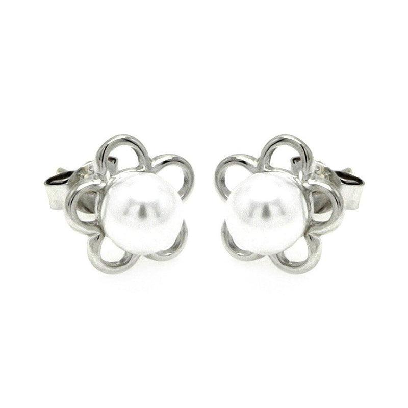 Silver 925 Rhodium Plated Open Star Pearl Stud Earrings - STE00894 | Silver Palace Inc.