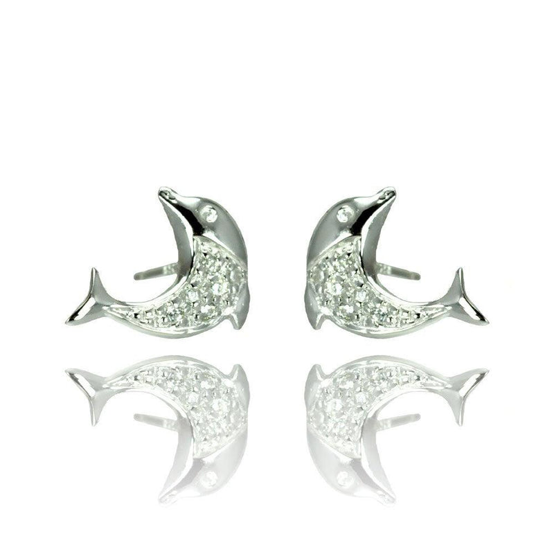 Silver 925 Rhodium Plated Dolphin CZ Stud Earrings - STE00905 | Silver Palace Inc.