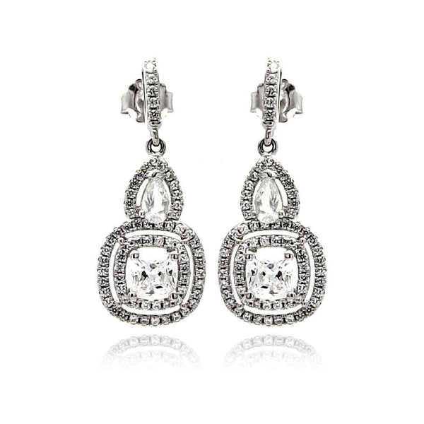 Silver 925 Rhodium Plated Micro Pave Clear Teardrop Square CZ Dangling Stud Earrings - ACE00076 | Silver Palace Inc.
