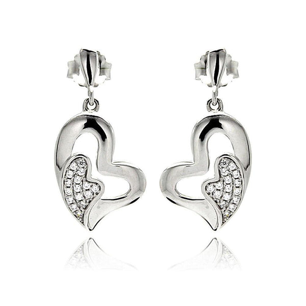 Silver 925 Rhodium Plated Micro Pave Clear Heart Inlay CZ Dangling Earrings - ACE00077 | Silver Palace Inc.