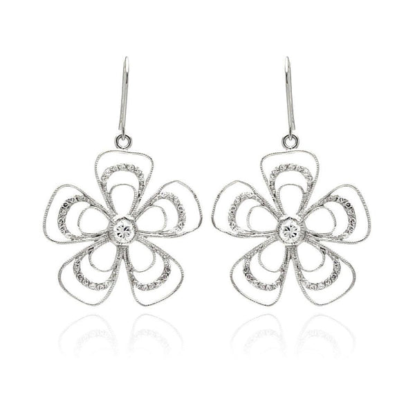 Closeout-Silver 925 Rhodium Plated Open Flower CZ Dangling Hook Earrings - BGE00232 | Silver Palace Inc.