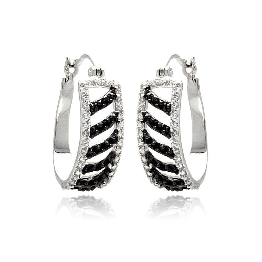 Silver 925 Rhodium Plated White Enamel Black Stripe CZ Hoop Earrings - BGE00242 | Silver Palace Inc.