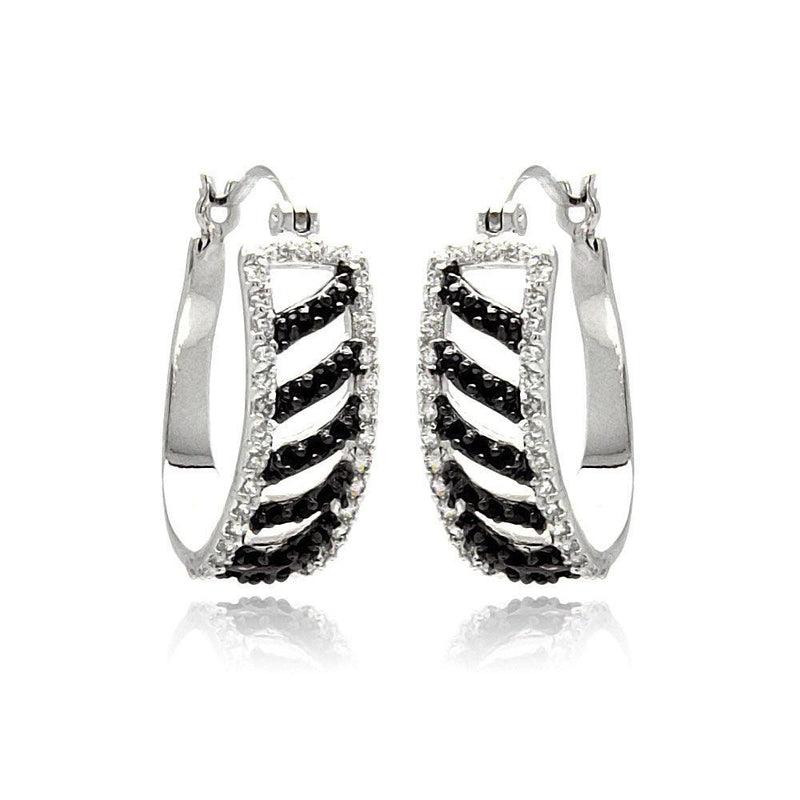 Silver 925 Rhodium Plated White Enamel Black Stripe CZ Hoop Earrings - BGE00242 | Silver Palace Inc.
