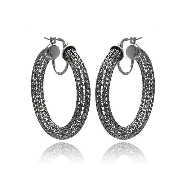 Closeout-Silver 925 Black Rhodium Mesh Plated Hoop Earrings - ITE00039BLK | Silver Palace Inc.