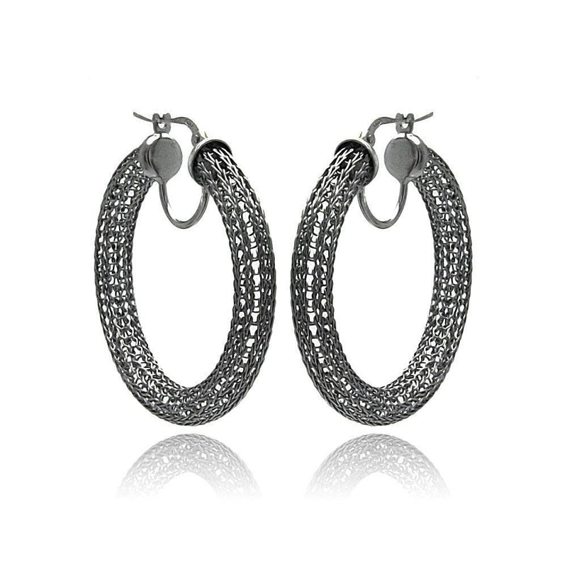 Closeout-Silver 925 Black Rhodium Mesh Plated Hoop Earrings - ITE00039BLK | Silver Palace Inc.