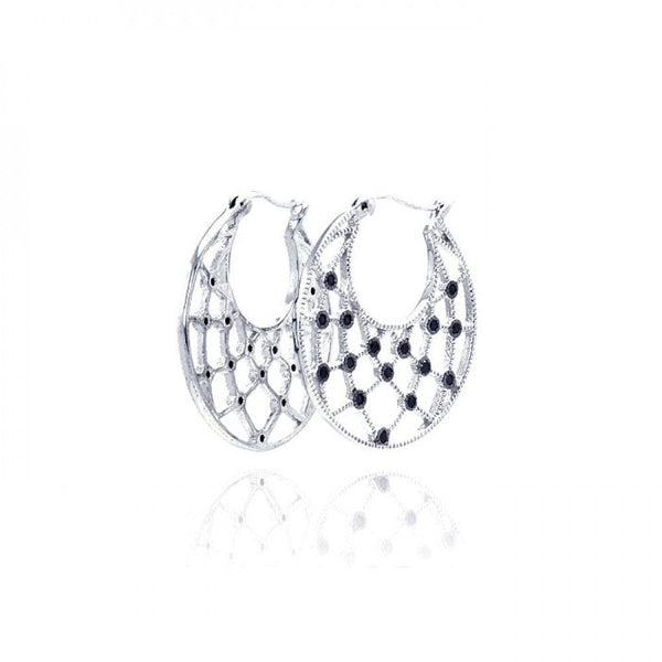 Closeout-Silver 925 Rhodium Plated Black Round CZ Web Crescent Hoop Earrings - STE00519BLK | Silver Palace Inc.