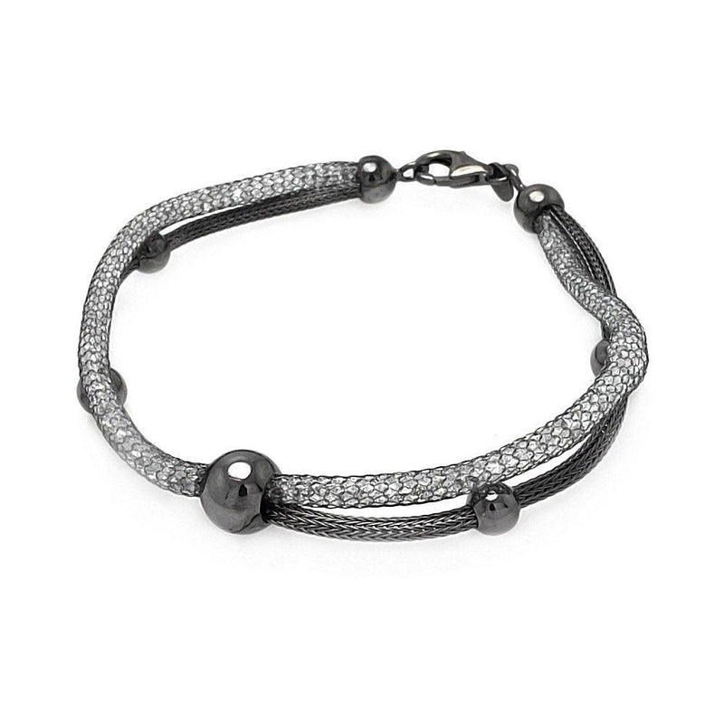 Closeout-Silver 925 Black and Rhodium Plated Italian Multiple Graduate Beads Bracelet - ITB00075BLK | Silver Palace Inc.