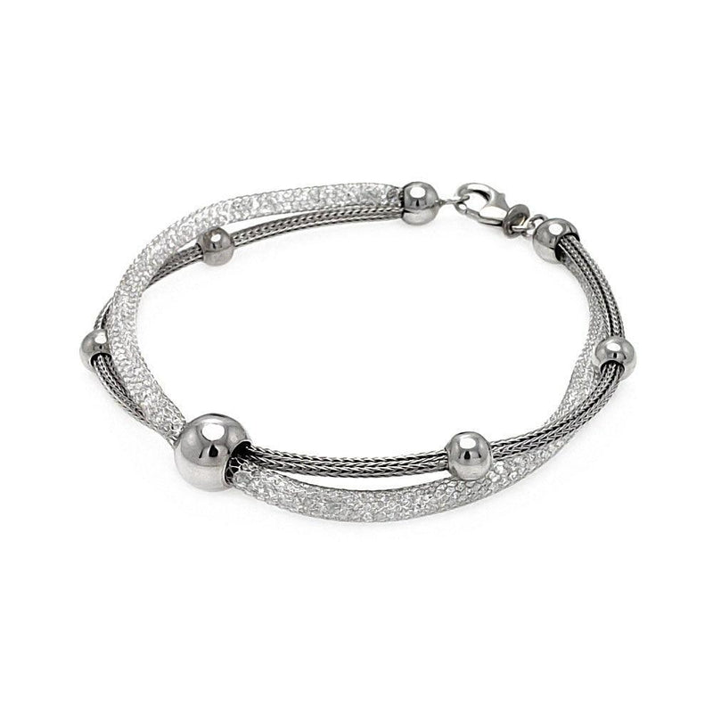 Closeout-Silver 925 Two Tone Rhodium Plated Italian Two Strand Multiple Graduate Beads Bracelet - ITB00075RH | Silver Palace Inc.