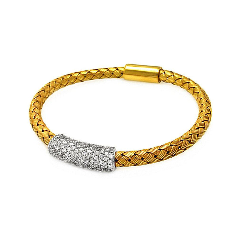 Closeout-Silver 925 Rhodium and Gold Plated Clear CZ Bar Braided Italian Bracelet - ITB00090GP | Silver Palace Inc.