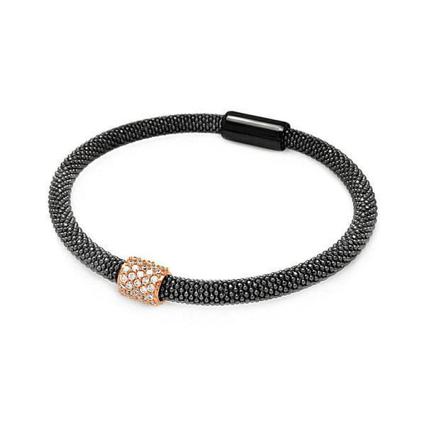 Closeout-Silver 925 Black Rhodium and Rose Gold Plated Bar Clear CZ Beaded Italian Bracelet - ITB00096BRH | Silver Palace Inc.