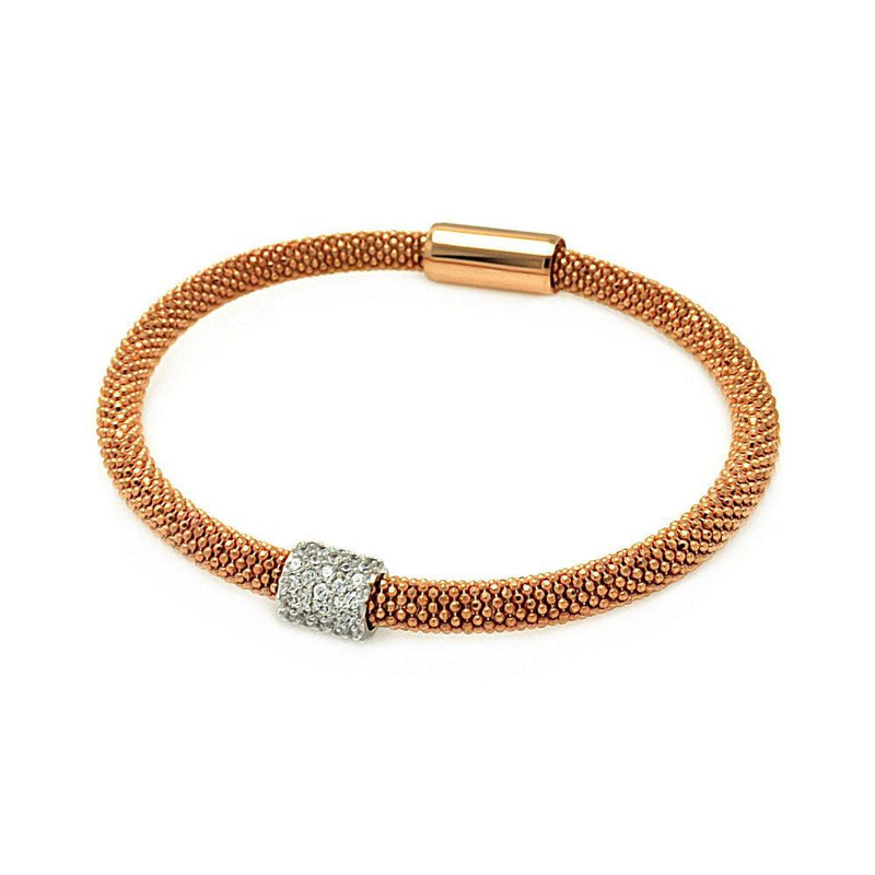 Closeout-Silver 925 Rose Gold and Rhodium Plated Bar Clear CZ Beaded Italian Bracelet - ITB00096RGP | Silver Palace Inc.