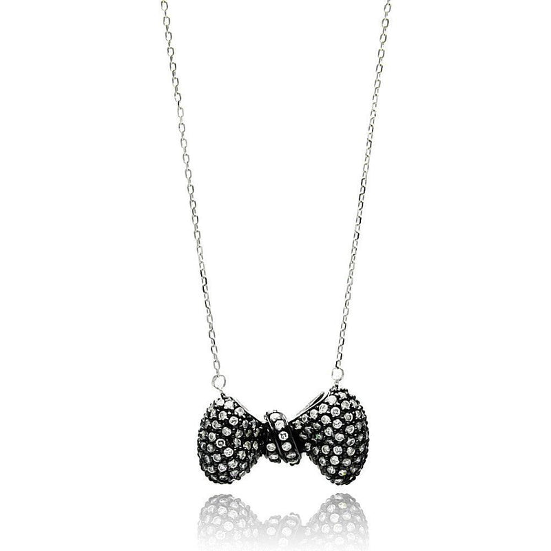 Silver 925 Black Rhodium Plated Bow Clear CZ Inlay Necklace - BGP00659 | Silver Palace Inc.