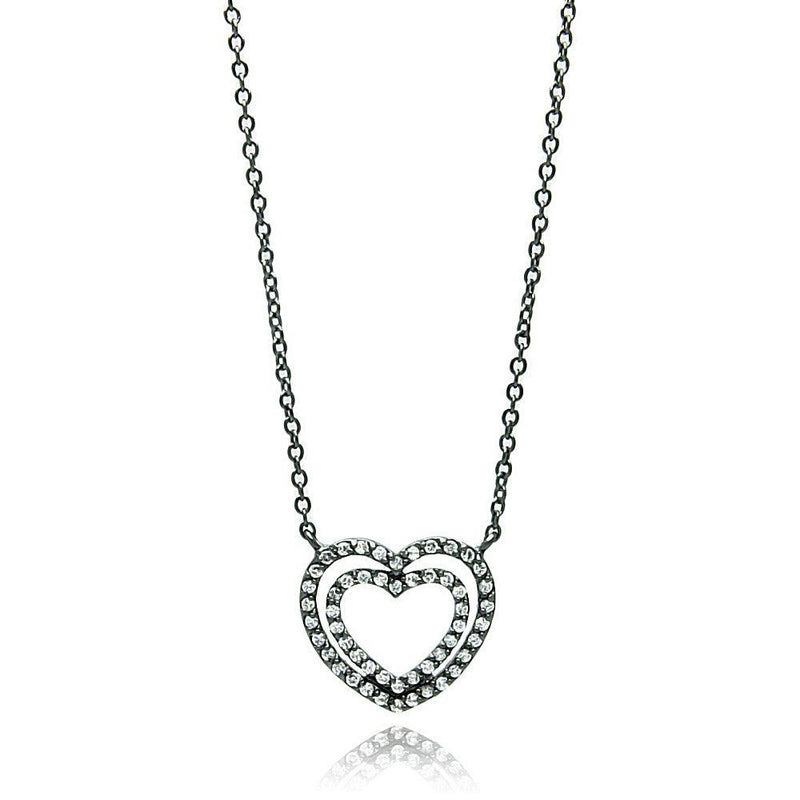 Silver 925 Black Rhodium Plated Open Double Heart CZ Necklace - BGP00693 | Silver Palace Inc.