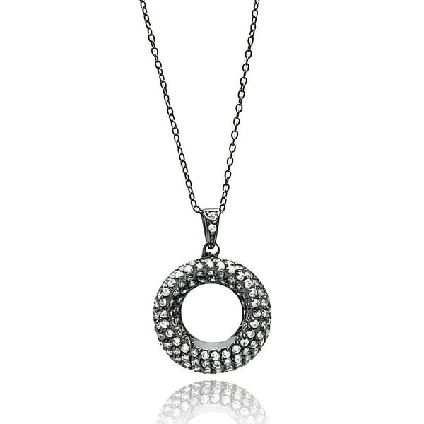 Silver 925 Black Rhodium Plated Open Circle Clear CZ Necklace - BGP00694 | Silver Palace Inc.