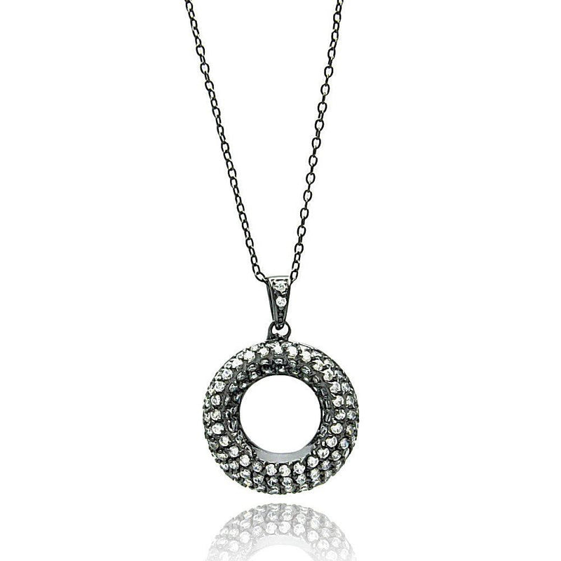Silver 925 Black Rhodium Plated Open Circle Clear CZ Necklace - BGP00694 | Silver Palace Inc.