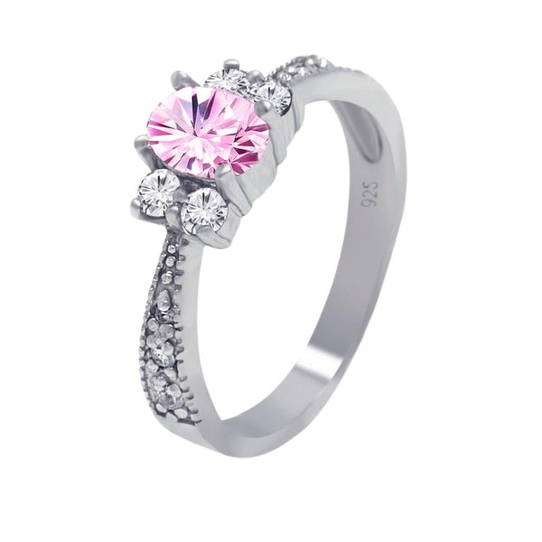 Silver 925 Rhodium Plated Pink Oval Center Pave CZ Engagement Ring - AAR0003PNK | Silver Palace Inc.