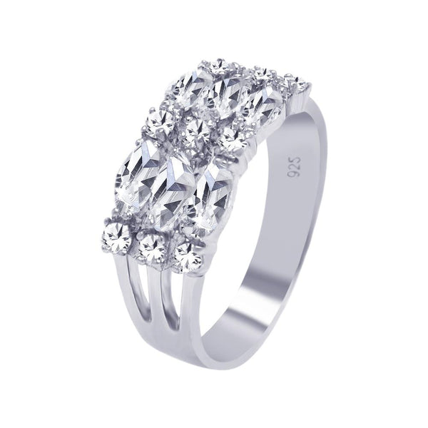Silver 925 Rhodium Plated Round Marquise CZ 3 Row Ring - AAR0018 | Silver Palace Inc.