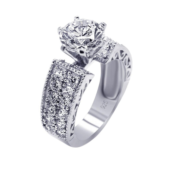 Silver 925 Rhodium Plated Pave Set Clear Round Center CZ Engagement Ring - AAR0081 | Silver Palace Inc.
