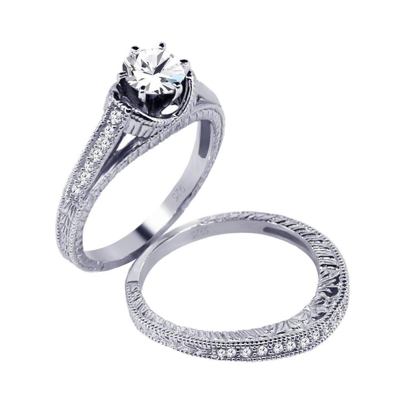 Silver 925 Rhodium Plated Pave Clear Round CZ Engagement Ring Set - ACR00021 | Silver Palace Inc.