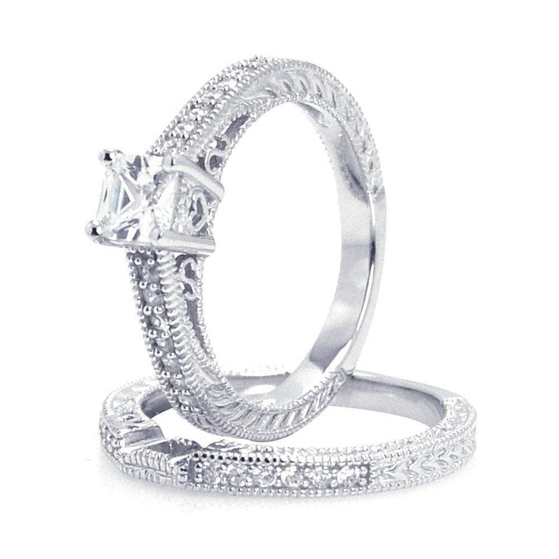 Silver 925 Rhodium Plated Pave Princess Cut Center CZ Engagement Ring Set - ACR00022 | Silver Palace Inc.