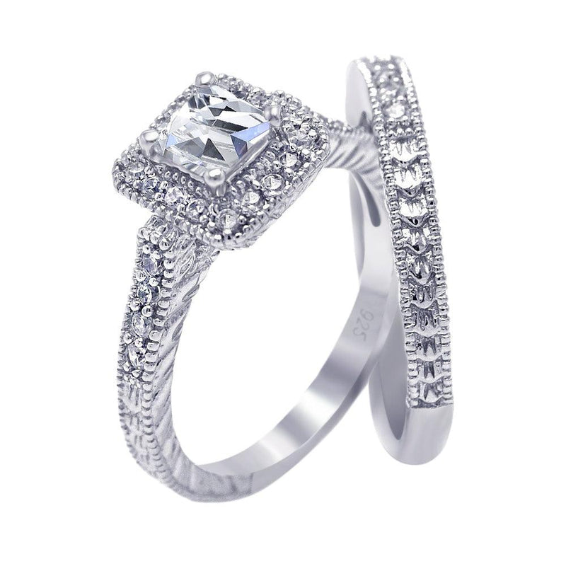 Silver 925 Rhodium Plated Pave Clear Square Cluster CZ Engagement Ring Set - ACR00025 | Silver Palace Inc.