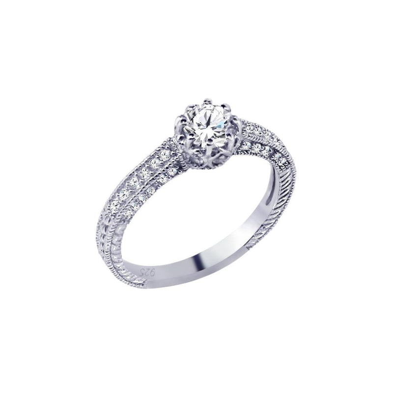 Silver 925 Rhodium Plated Pave Round Center CZ Ring - ACR00026 | Silver Palace Inc.