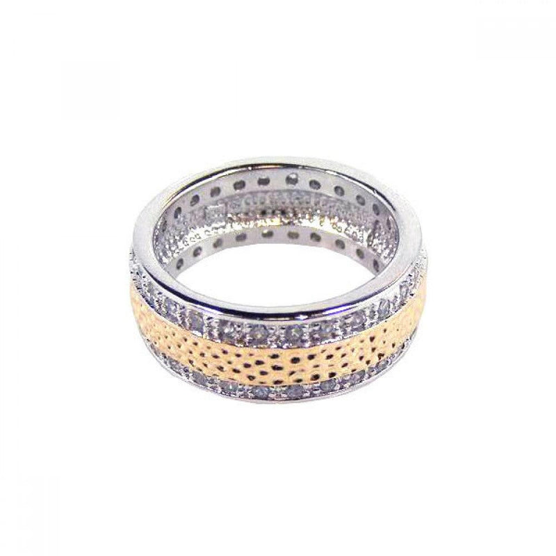 Closeout-Silver 925 Two Tone Rhodium and Gold Plated Channel Set Clear CZ Hammered Eternity Ring - BGR00073 | Silver Palace Inc.