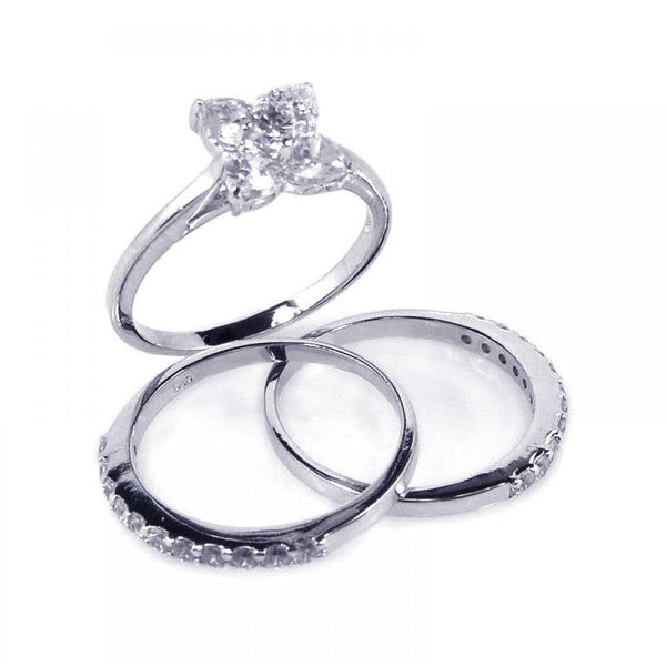 Silver 925 Rhodium Plated Flower Center Clear CZ Bridal Ring Set - BGR00079 | Silver Palace Inc.