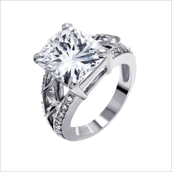 Silver 925 Rhodium Plated Clear Square Center CZ Bridal Ring - BGR00082 | Silver Palace Inc.