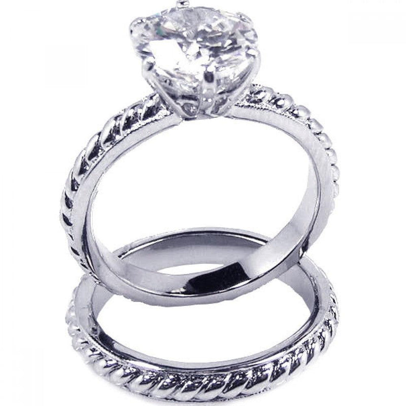 Silver 925 Rhodium Plated Clear Solitaire CZ Rope Bridal Ring Set - BGR00089 | Silver Palace Inc.