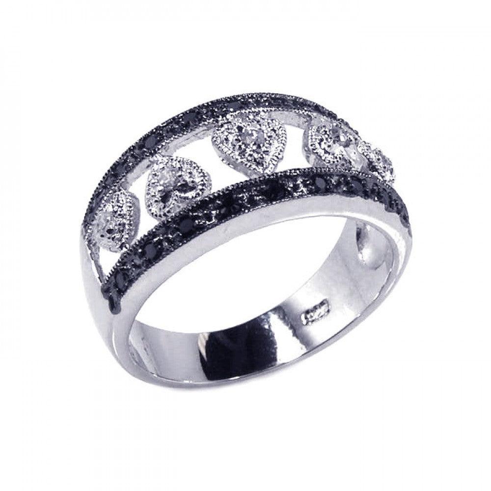 Closeout-Silver 925 Rhodium Plated Half Black Clear CZ Heart Ring - BGR00097 | Silver Palace Inc.
