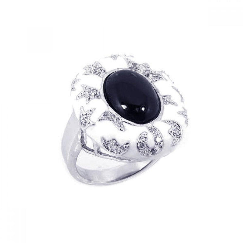 Closeout-Silver 925 Rhodium Plated White Enamel Black Onyx CZ Moon Star Ring - BGR00130 | Silver Palace Inc.