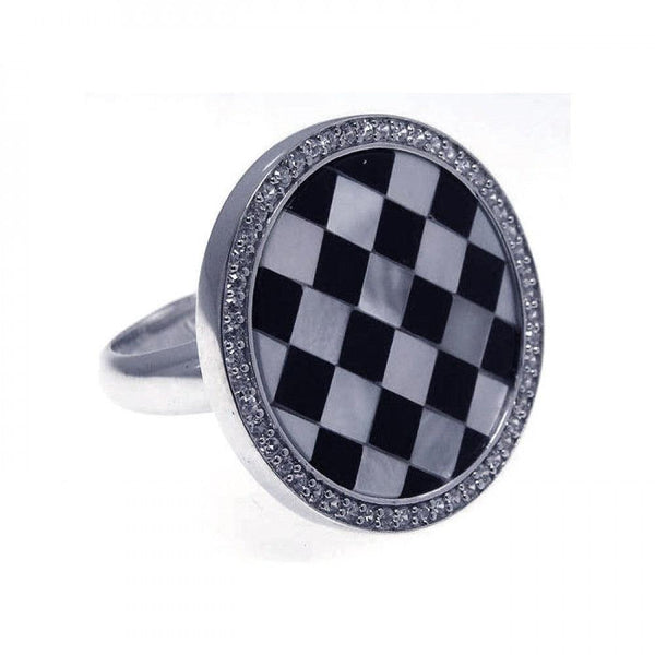 Closeout-Silver 925 Rhodium Plated Clear CZ Black and White Round Checker Ring - BGR00159 | Silver Palace Inc.