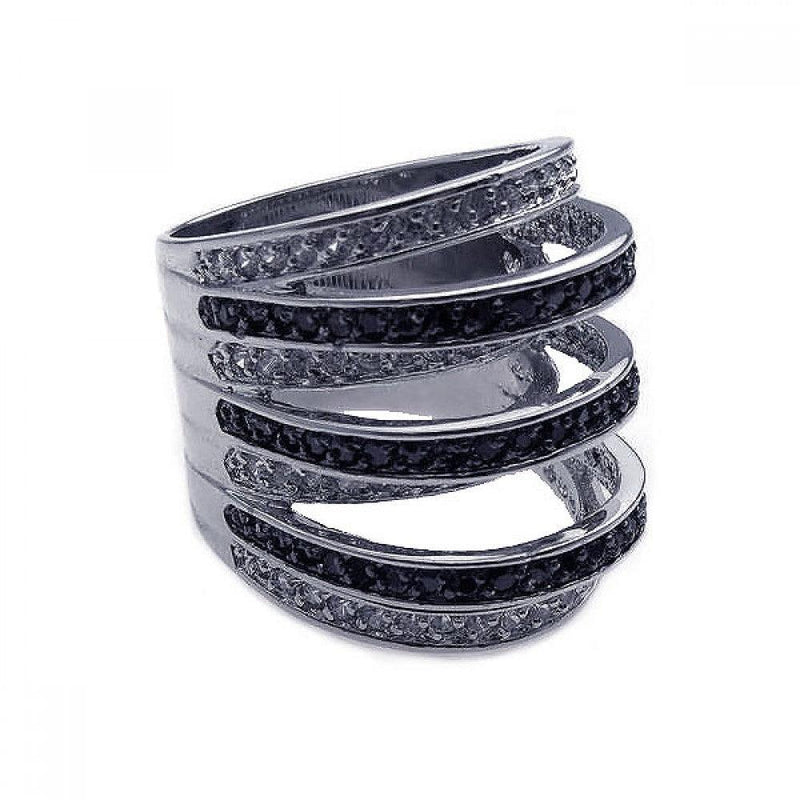Silver 925 Rhodium and Black Rhodium Plated Black and Clear CZ Stripe Ring - BGR00171 | Silver Palace Inc.