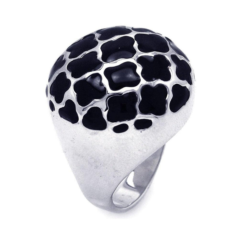 Closeout-Sterling Silver Rhodium Plated Black Enamel Clover Dome Ring - BGR00174 | Silver Palace Inc.