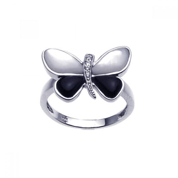 Closeout-Silver 925 Rhodium Plated Mother of Pearl Black Onyx CZ Butterfly Ring - BGR00201 | Silver Palace Inc.